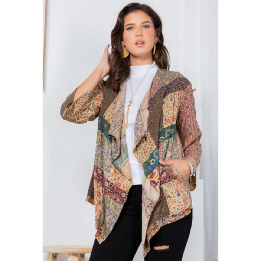 Boho Patchwork Open-Front Cardigan Jacket - Multicolor